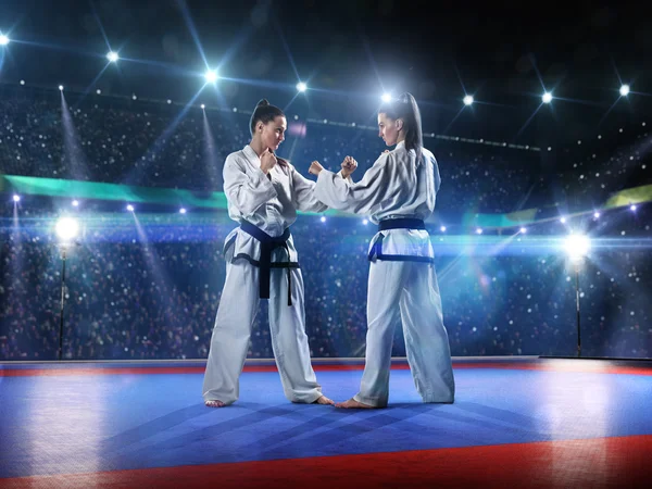 Twee professionele vrouwelijke karate vechters strijden — Stockfoto