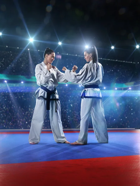 Két szakmai női karate harcosok harcolnak — Stock Fotó