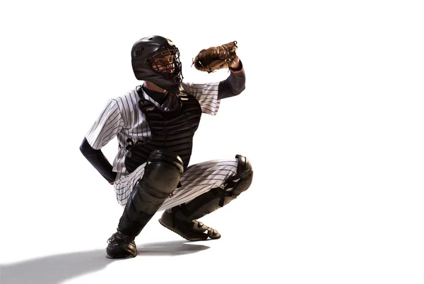 Na białym tle na biały profesjonalny baseballista — Zdjęcie stockowe