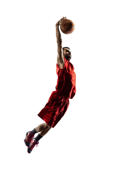 Jogador de basquete isolado em ação está voando alto — Fotografia de Stock