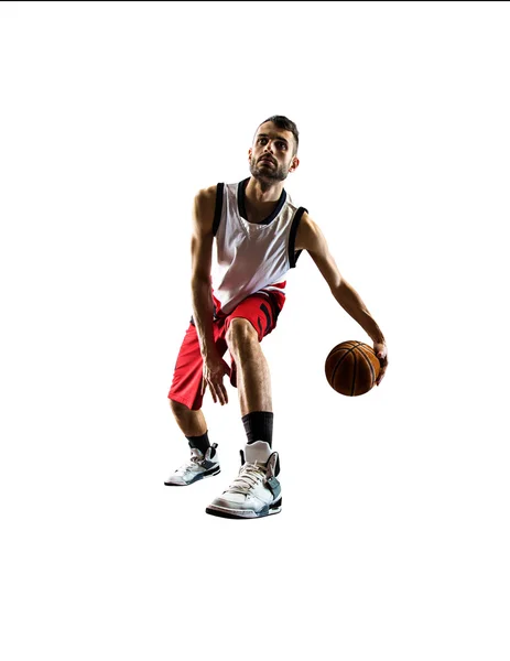 Jogador de basquete isolado em ação está voando alto — Fotografia de Stock