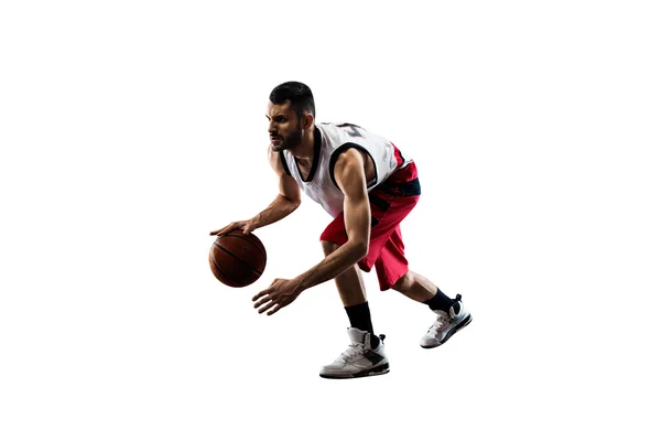 Jogador de basquete isolado em ação está voando alto — Fotografia de Stock