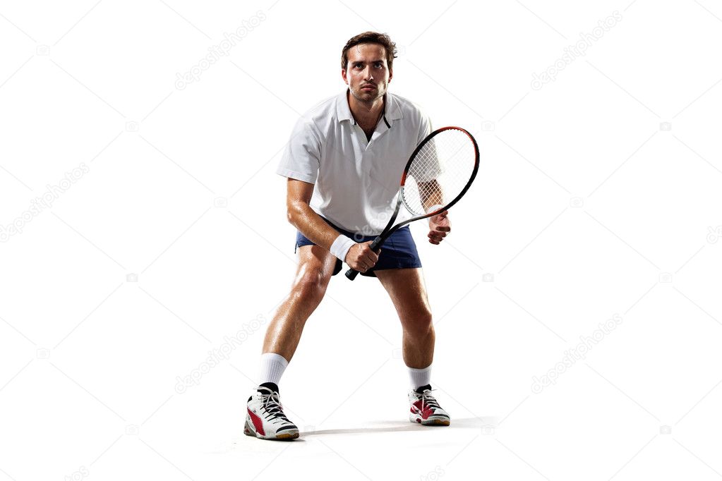 isolated on white young man is playing tennis