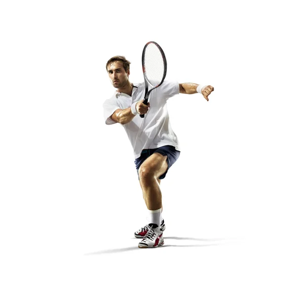 Isolated on white young man is playing tennis — Stock Photo, Image