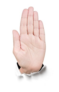 kadın el kağıt bir delikten dur işareti yapmak