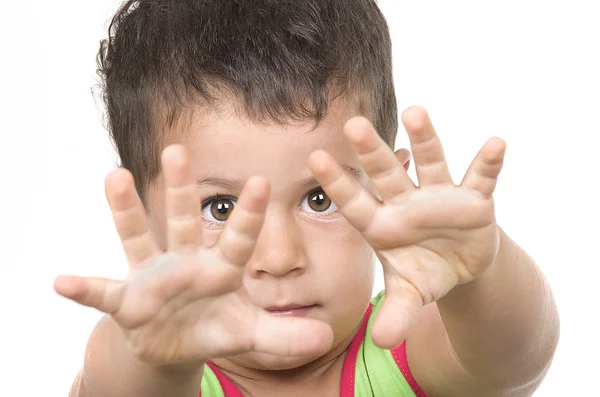 Serious Boy shows Stop hand gesture. — Stock Photo, Image
