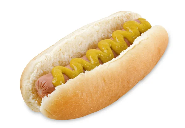 Hot dog con salchicha, mostaza y pan —  Fotos de Stock