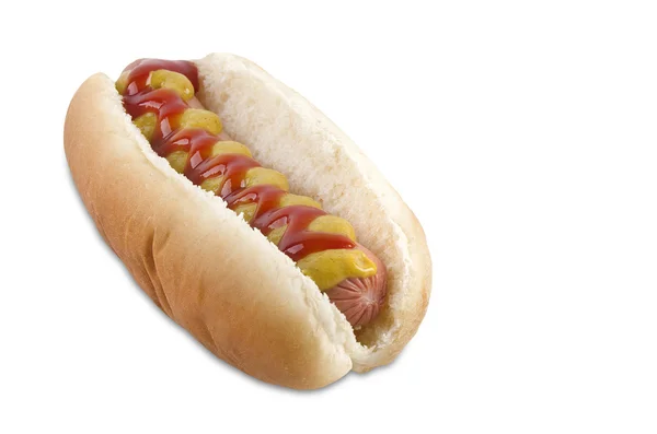 Cachorro-quente com salsicha, mostarda, ketchup e pão — Fotografia de Stock