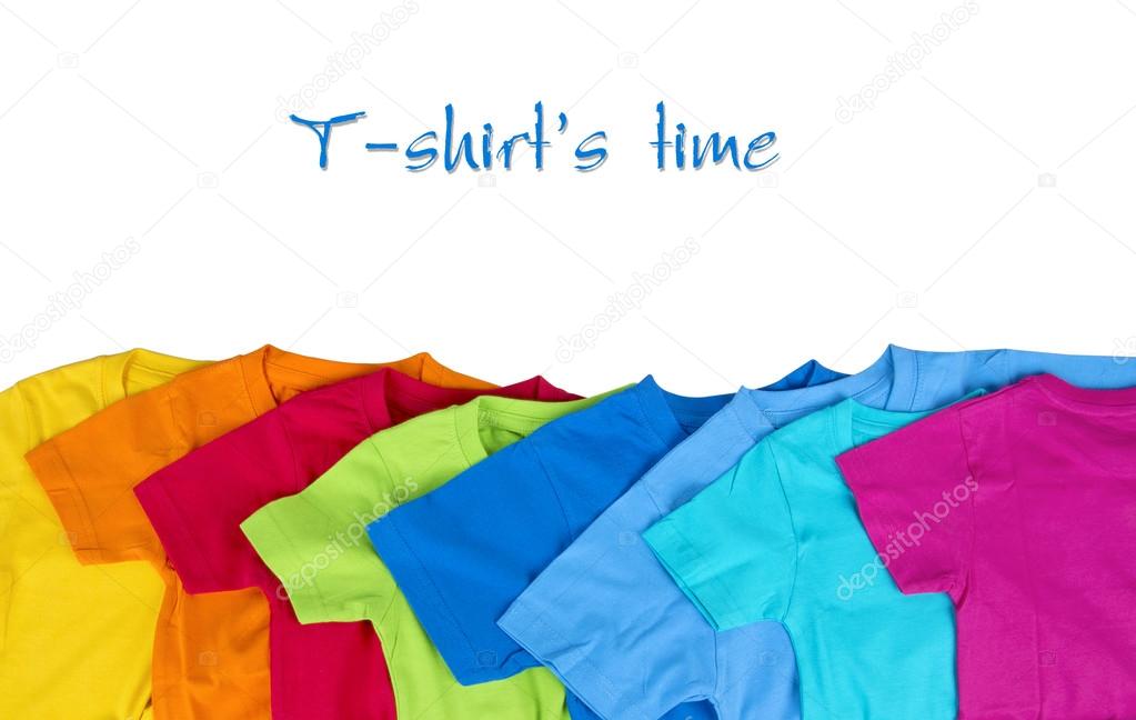 Collection of various colorful t-shirts on white background