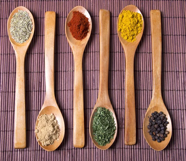Mescoli spezie aromatiche su cucchiai — Foto Stock
