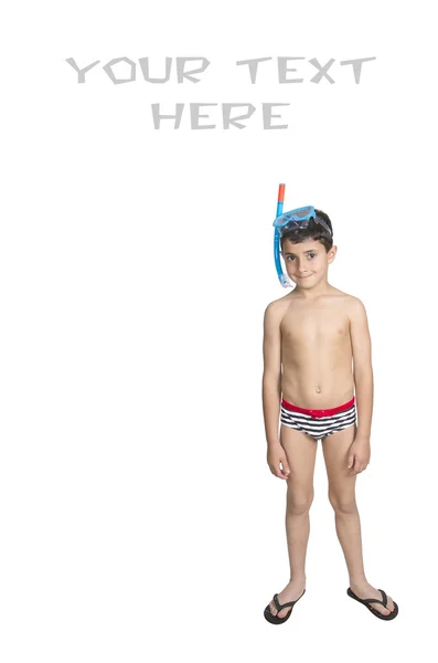 Criança feliz (menino) posando em mergulho e máscara — Fotografia de Stock