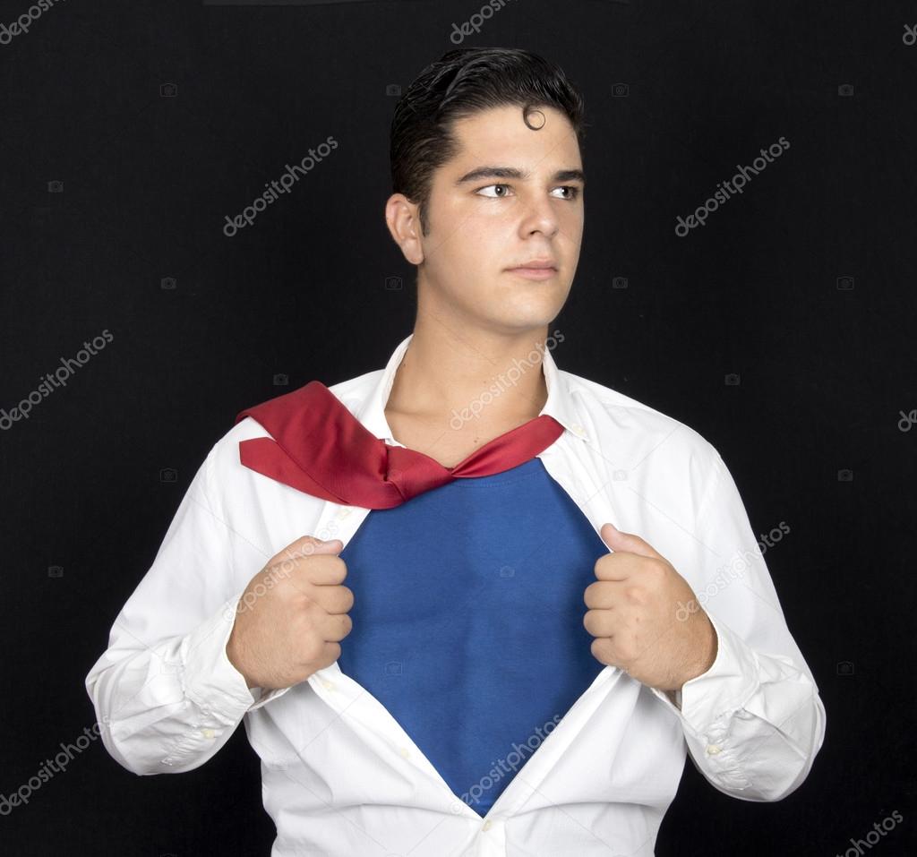 super hero tearing his shirt off with copy space