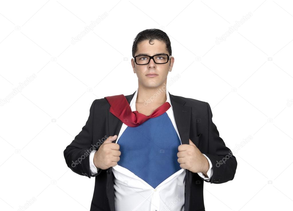 super hero tearing his shirt off with copy space