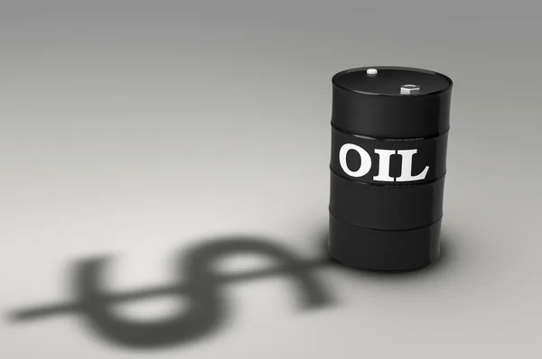Ölbarrel und Dollar im Schatten Stockfoto