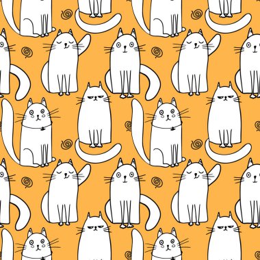 Şirin kedilerle kusursuz bir desen. El çizimi vektör çizimi. Çocuk kıyafetleri, kumaş, tekstil, çocuk odası dekorasyonu, ambalaj kağıdı için mükemmel.