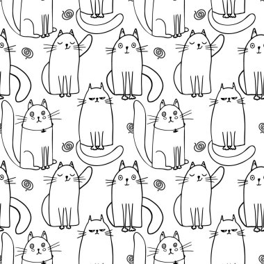 Şirin kedilerle kusursuz bir desen. El çizimi vektör çizimi. Çocuk kıyafetleri, kumaş, tekstil, çocuk odası dekorasyonu, ambalaj kağıdı için mükemmel.