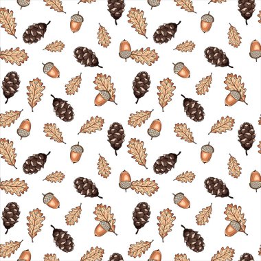 Sonbahar yaprakları, meşe palamutları ve beyaz arka planda konileri olan kusursuz vektör deseni. Duvar kağıdı, ambalaj kağıdı, kart ve tekstil için mükemmel bir tasarım..