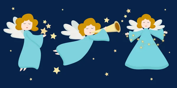 Ángeles lindos de Navidad. Figura ángel azul aislada sobre fondo azul oscuro con estrellas. Retrato del personaje angelical volador en ropa azul. Diseño vectorial para tarjetas de felicitación e invitaciones — Archivo Imágenes Vectoriales