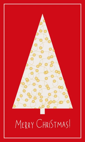 Декоративная рождественская открытка с белой елкой и золотой гирляндой на красном фоне. Векторная иллюстрация для печатных открыток, плакатов — стоковый вектор