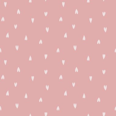 Tekrarlanan kalpleri olan hoş, pürüzsüz bir kalıp. Kalp karmaşası olan modaya uygun bir doku. Düz tasarım, minik kalplerin sonsuz kaotik dokusu. Sonsuz romantizm ya da çocuk baskısı için. Vektör illüstrasyonu.