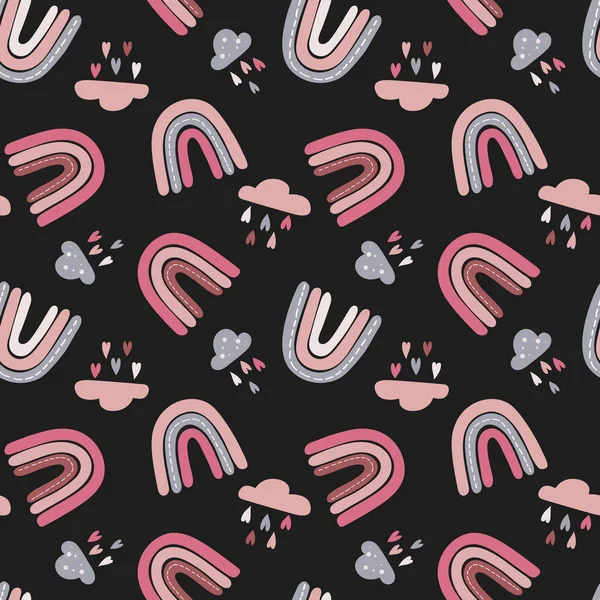Seamless childish pattern with trendy rainbows and clouds with hearts. Creative scandinavian kids texture for fabric, wrapping, textile, wallpaper, childish apparel. Vector illustration