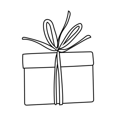 Karalama tarzında bir tatil hediye kutusunun vektör çizimi. Beyaz arka planda hediye eliyle çizilmiş bir resim. Reklam, el ilanı, poster, web mağazası satışı için grafik tasarım unsurları