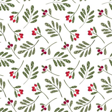 Kırmızı böğürtlen ve yeşil dallı ökseotu desenli botanik kusursuz vektör deseni. Tatiller sorunsuz geçer. Tebrik kartları, duvar kağıdı, hediye kağıdı, web sayfası arkaplanı, kış süslemeleri için mükemmel.