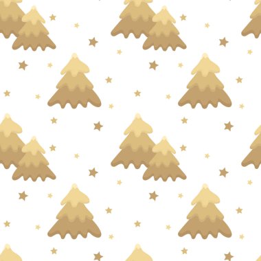 Noel ağaçları ve beyaz arka planda altın rengi yıldızlar olan kusursuz bir Noel deseni. Noel süslemeleri, kartlar ve afişler için şenlik arka planı, kış tatili süslemeleri.
