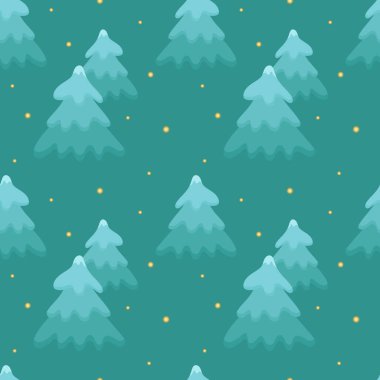 Turkuaz arka planında turkuaz rengi Noel ağaçları olan kusursuz bir Noel deseni. Noel süslemeleri, kartlar ve afişler için şenlik arka planı, kış tatili süslemeleri.
