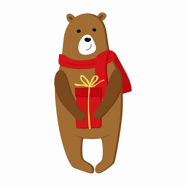 Ілюстрація Намальована Рукою Милого Ведмедя Червоному Шарфі Зображує Ведмедя Подарунковою — стоковий вектор