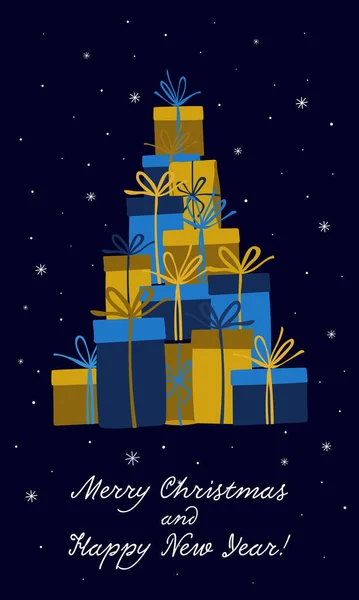 Рождественская Открытка Елкой Коробок Подарков Темно Синем Фоне Новым Годом — стоковый вектор