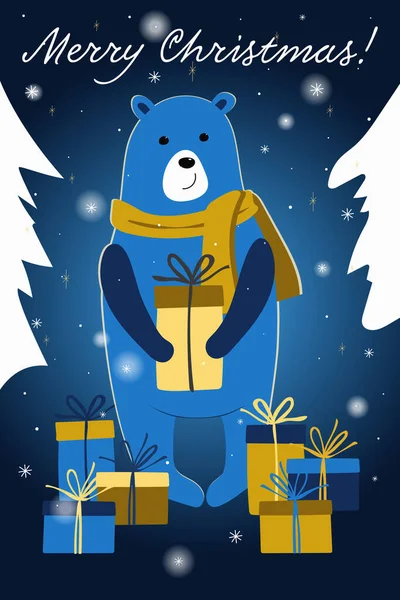 Noël Dans Forêt Personnages Animaux Hiver Carte Noël Avec Ours — Image vectorielle