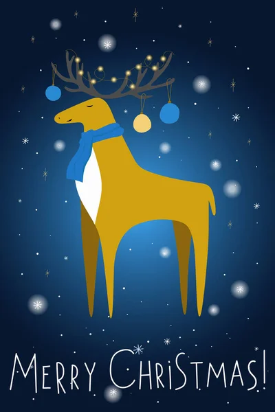 Christmas Card Festive Deer Scarf Christmas Balls Dark Blue Background — Stock Vector