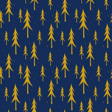 Koyu mavi arka planda sarı kozalaklı ağaçlarla kusursuz bir desen. Elle çizilmiş ladin ağaçlarıyla vektör çizimi. Yazdırma tebrik kartı, kağıt, kumaş, hediye paketi için tasarım.