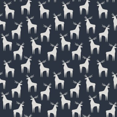 Koyu mavi arka planda beyaz geyik deseni olan kusursuz bir Noel. Noel ve Yeni Yıl deseni, ambalaj kağıdı, tekstil, kartlar, davetiyeler, posterler için mükemmel..