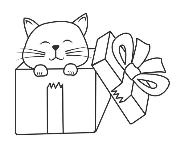 Kawaii Cute Cat Peek Gift Box Present Hand Drawn Black — Stock Vector