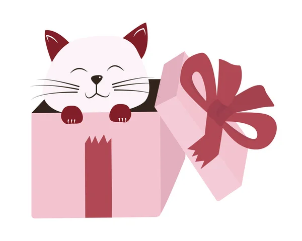 Kawaii Cute Cat Peek Gift Box Present Hand Drawn Vector — Stock Vector