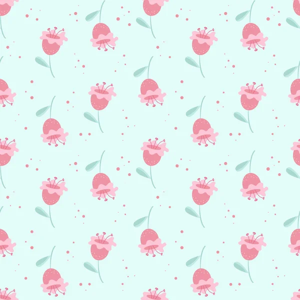 Διάνυσμα Χωρίς Ραφή Μοτίβο Στυλιζαρισμένα Λεπτά Ροζ Λουλούδια Πράσινα Φύλλα — Διανυσματικό Αρχείο