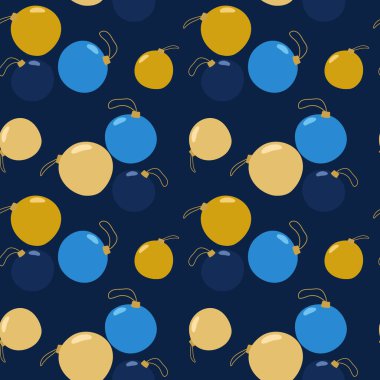 Koyu mavi arka planda noel topları olan kusursuz bir desen. Noel davetiyeleri, kış tebrik kartları, duvar kâğıdı ve hediye kâğıdı için mükemmel. Düz biçimli vektör illüstrasyonu.