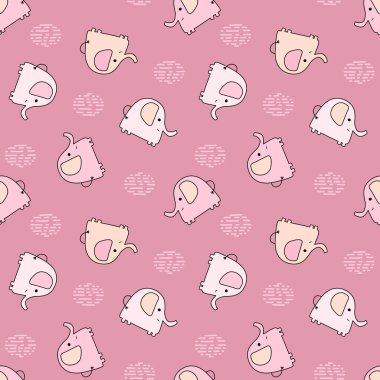 Pembe arka planda çok renkli şirin filleri olan kusursuz bir desen. Bebeklik geçmişi kumaş ve tekstil, bebek kıyafetleri ve yatak, ambalaj tasarımları, kartlar ve afişler için harika.