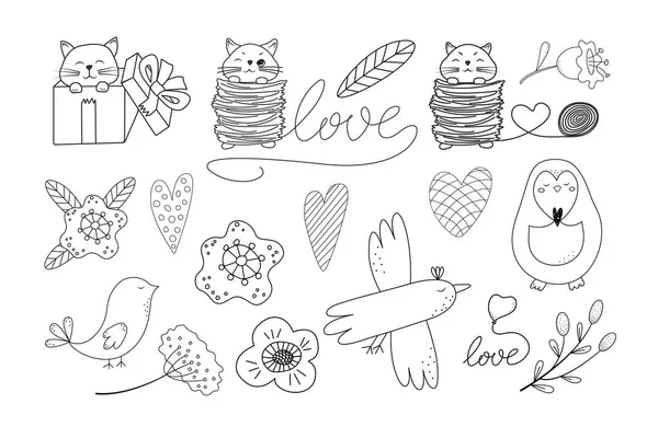 Set von Vektorillustrationen für den Valentinstag. Stilisierte Vögel, Blumen, Kätzchen als Geschenk. Liebessymbol. Handgezeichnet im Doodle-Stil. Design für Grußkarte, Poster, T-Shirt-Druck — Stockvektor