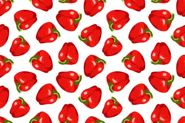 Бесшовный узор с перцем. Весь красный перец с листьями на белом фоне. Векторная иллюстрация овощей в плоском стиле. Кухонные обои, текстильная печать с паприкой — стоковый вектор