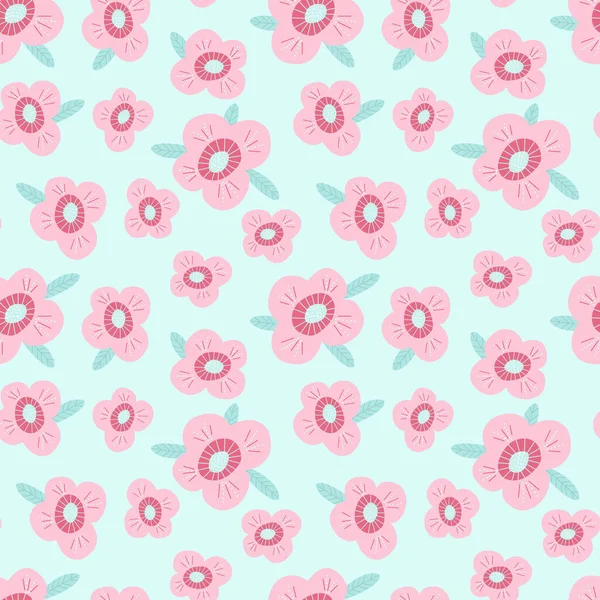 Векторный бесшовный узор со стилизованными нежными розовыми цветками с зелеными листьями. Дизайн отлично подходит для обоев, шрапбукинга, летнего и свадебного дизайна, упаковки, текстиля, постельного белья — стоковый вектор