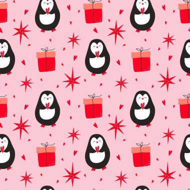 Şirin penguenleri, kalpleri, hediye kutuları, yıldızları olan kusursuz bir desen. Sevgililer Günü için vektör illüstrasyonu. Kartpostal basmak için tasarım, hediye paketi, kumaş.