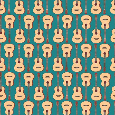 Klasik sarı gitarlı, kusursuz bir şablon. Kumaşlar ve müzisyenler için ürünler basmak için dizili müzik araçları ile müzik arka planı.