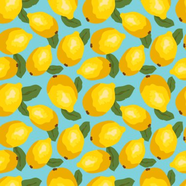Taze meyve, sarı limon ve mavi arka planda yeşil yapraklı renksiz desenler. Tekstil imalatı, posterler, kumaş ve kağıt için mükemmel. Düz biçimli vektör illüstrasyonu.