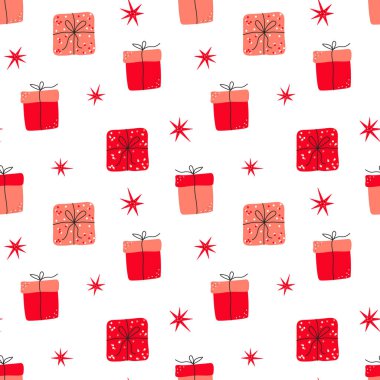 El çizimi Sevgililer Günü romantik desenli şirin hediye kutusu, hediyeler ve yıldızlarla. Doğum günü için vektör illüstrasyonu, Sevgililer Günü. Davetiye, poster, kart, kumaş, tekstil için tasarım.