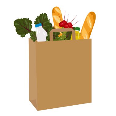 İçinde sebze, baget, süt, zeytinyağı gibi taze yiyecekler olan kese kağıdı. Vektör çizimi. Marketten ürün teslimatı kavramı.