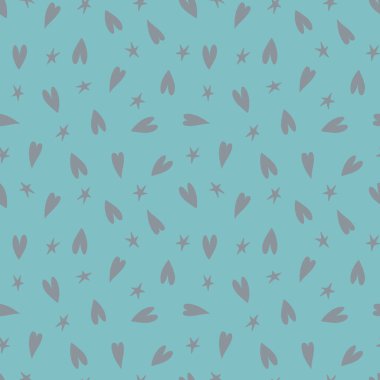 Tekrarlanan kalpleri ve yıldızları olan hoş, kusursuz bir desen. Kalp karmaşası olan modaya uygun bir doku. Düz tasarım, minik kalplerin sonsuz kaotik dokusu. Sonsuz romantizm ya da çocuk baskısı için. Vektör illüstrasyonu.