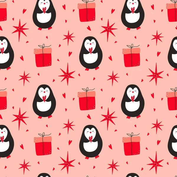 Бесшовный Узор Милыми Пингвинами Сердцами Подарочными Коробками Звездами Векторная Иллюстрация — стоковый вектор